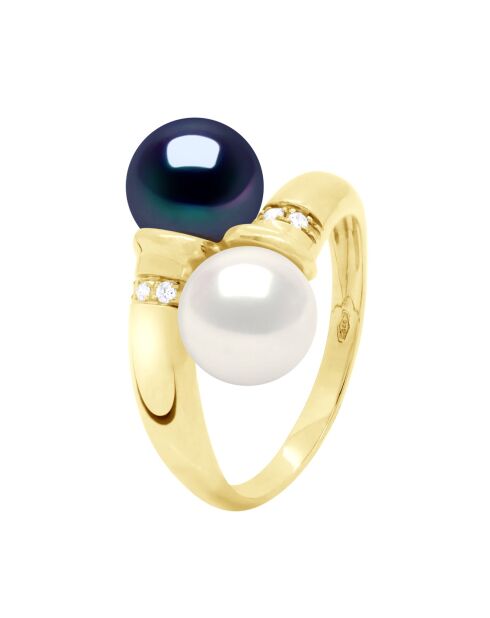 Bague Toi & Moi en Or Jaune, Diamants & Perles de Culture d'Eau Douce Rondes blanc/noir 8-9 mm