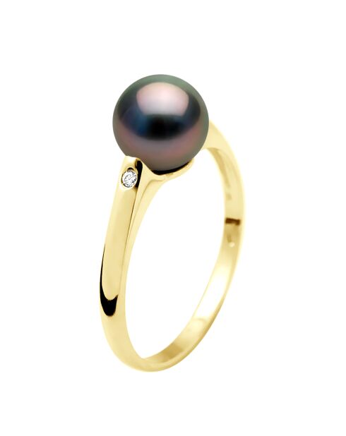 Bague Or Jaune, Diamants 0,02 Cts & Perle de Tahiti Ronde peacock