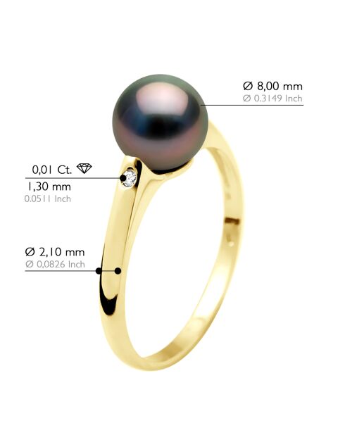 Bague Or Jaune, Diamants 0,02 Cts & Perle de Tahiti Ronde peacock
