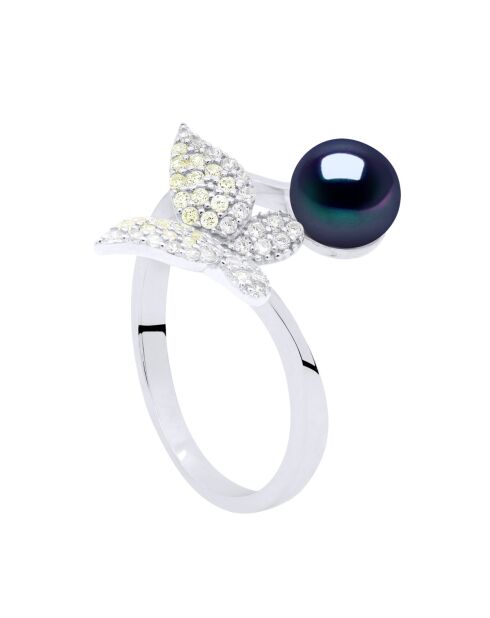 Bague Butterfly en Argent & ZIrconium Blanc et Jaune Véritable Perle de Culture d'Eau Douce Bouton 6-7 mm
