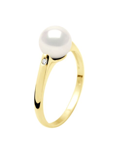 Bague Solitaire en Or Jaune, Diamants & Perle de Culture d'Eau Douce Ronde blanche 8-9 mm
