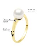 Bague Solitaire en Or Jaune, Diamants & Perle de Culture d'Eau Douce Ronde blanche 8-9 mm