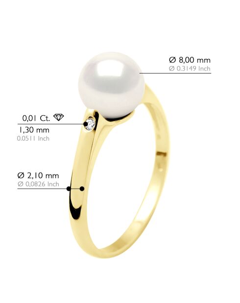 Bague Solitaire en Or Jaune, Diamants & Perle de Culture d'Eau Douce Ronde blanche 8-9 mm