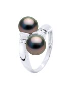 Bague Toi et Moi Or Jaune, Diamants 0,06 Cts & Perles de Culture de Tahiti Rondes noire
