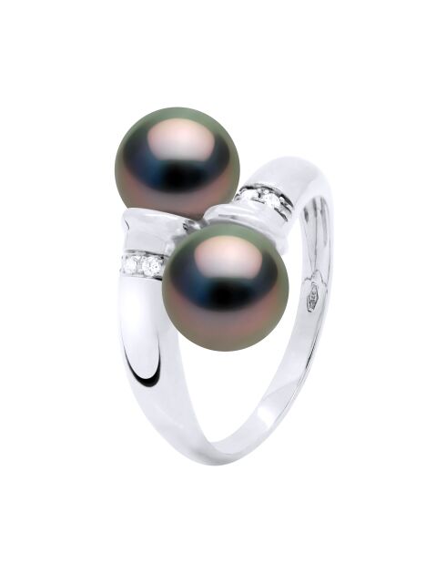Bague Toi et Moi en Or Blanc Diamants Perles de Culture de Tahiti Rondes peacock