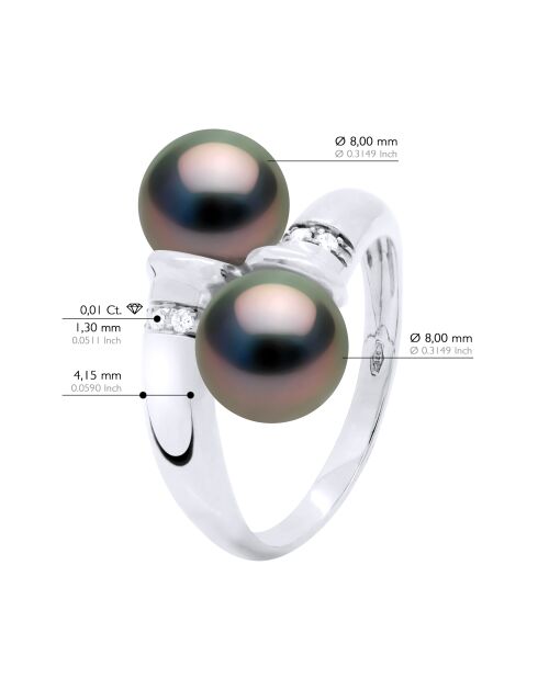 Bague Toi et Moi en Or Blanc Diamants Perles de Culture de Tahiti Rondes peacock