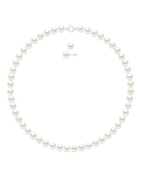 Parure Collier & Boucles d'Oreilles Perles de Culture d'Eau Douce Rondes blanches