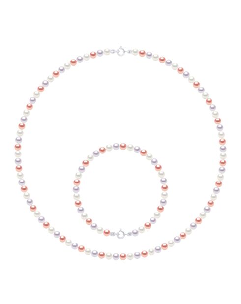 Parure Collier & Bracelet Or Blanc Perles de Culture d'Eau Douce Rondes multicolores