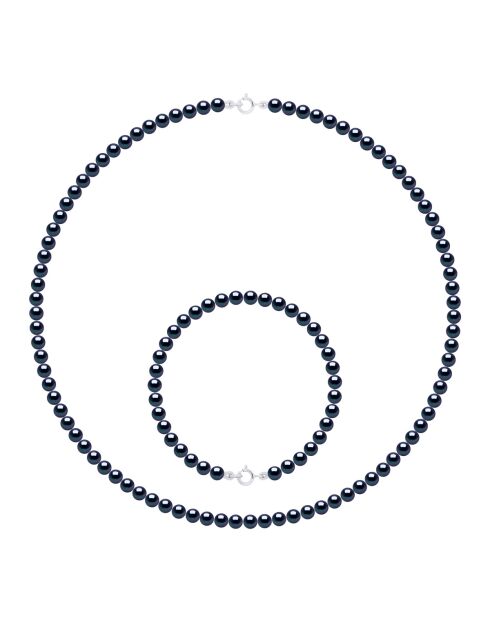 Parure Collier & Bracelet Or Blanc Perles de Culture d'Eau Douce Rondes noires