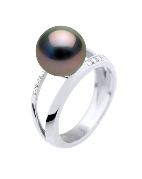 Bague Jonc Joaillerie Or Blanc, Diamants 0,06 Cts & Perle de Culture de Tahiti Ronde peacock