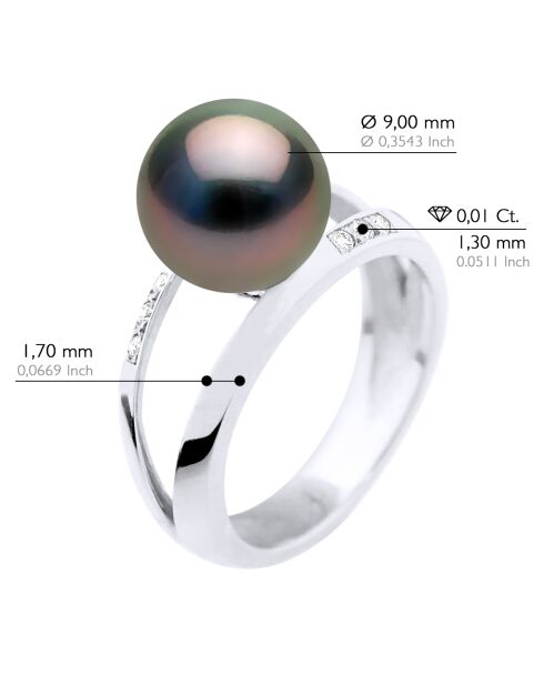 Bague Jonc en Or Blanc Diamants Perle de Culture de Tahiti Ronde peacock