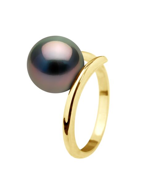 Bague Jonc en Or Jaune & Perle de Culture de Tahiti Ronde peacock 10-11 mm