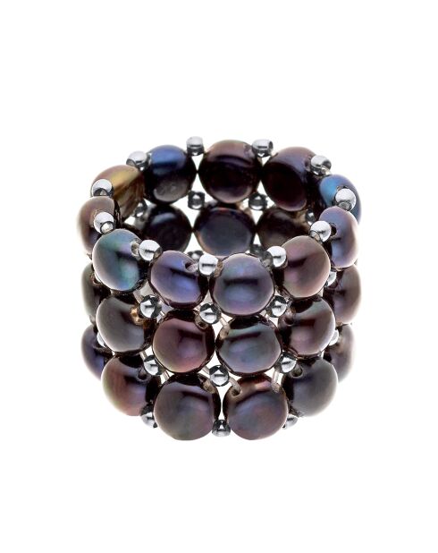 Bague 3 Rangs en Perles d'Eau Douce noires - 4 mm