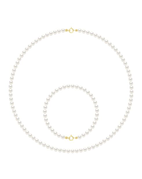 Parure en Or Jaune Collier & Bracelet Perles de Culture d'Eau Douce Rondes blanches