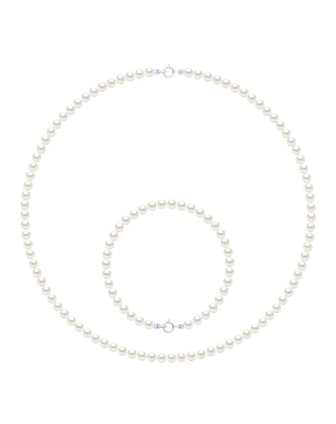 Parure en Or Blanc Collier & Bracelet Perles de Culture d'Eau Douce Rondes blanches