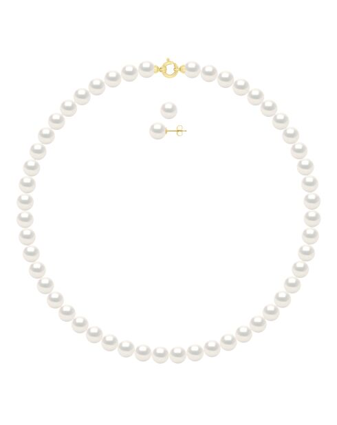 Parure Collier & Boucles d'Oreilles Or Jaune Perles de Culture d'Eau Douce Rondes blanches
