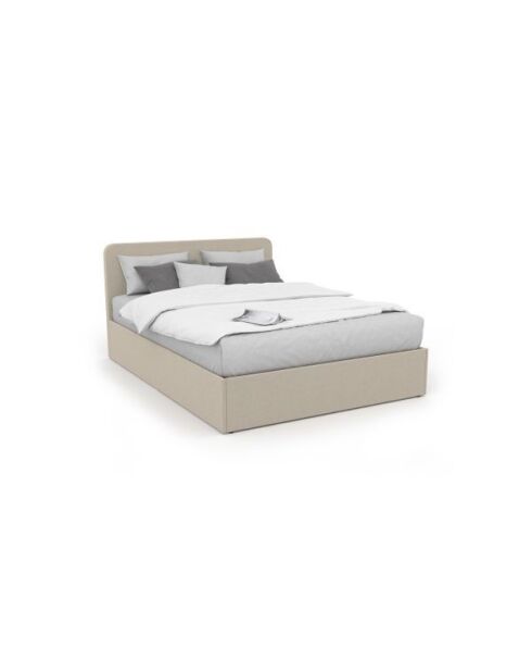 Lit coffre Louise en tissu beige avec sommier et tête de lit arrondie 140x190cm