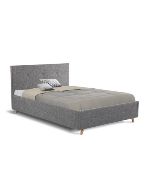 Lit coffre Mala en tissu gris avec sommier et tête de lit capitonnée 160x200 cm