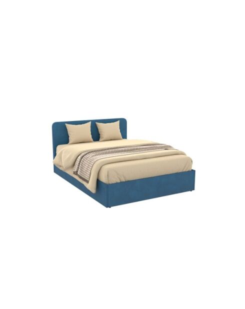 Lit coffre Louise en velours bleu avec sommier et tête de lit arrondie 140x190cm