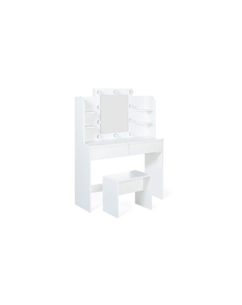 Coiffeuse Zita blanche double étagères, miroir LED et tabouret blanc - 108x40x141 cm