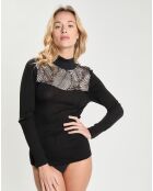 Top en micromodal manches longues haut dentelle col roulé noir/gris