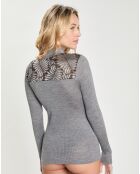 Top en micromodal manches longues haut dentelle col roulé gris