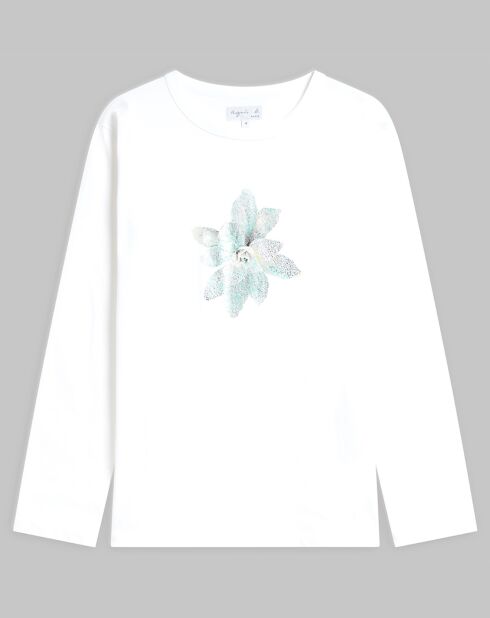 T-Shirt Cool en jersey de coton sérigraphie  fleur à pailletes blanc