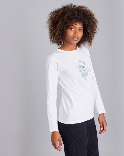 T-Shirt Cool en jersey de coton sérigraphie  fleur à pailletes blanc