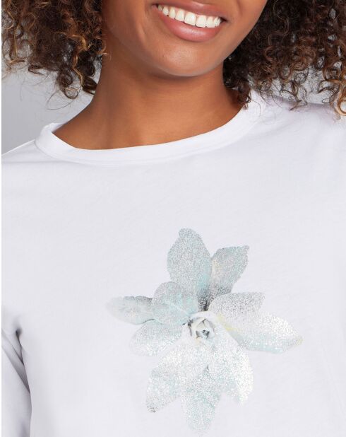 T-Shirt Cool en jersey de coton sérigraphie  fleur à pailletes blanc