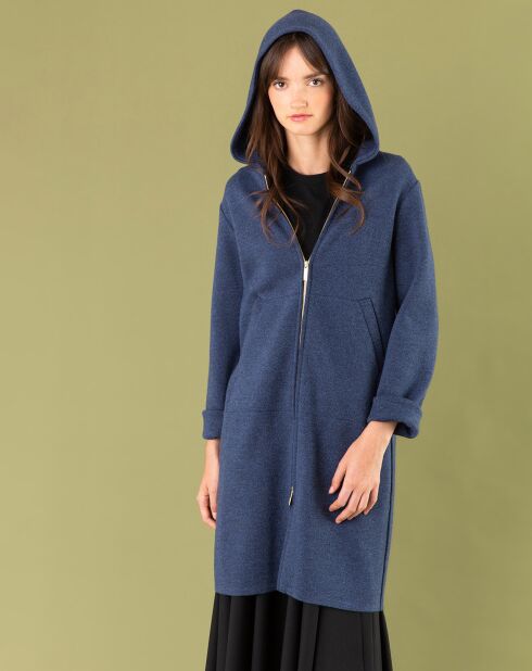 Manteau 100% Laine Mérinos à capuche zippée bleu