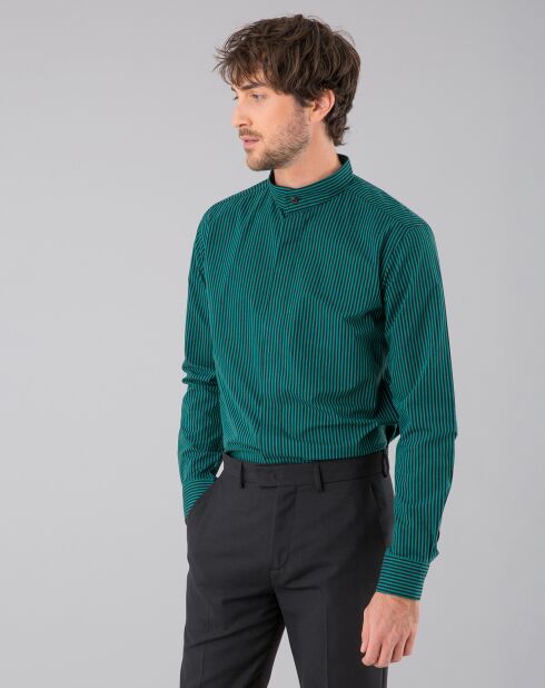 Chemise col Mao en coton à fines rayures noir/vert