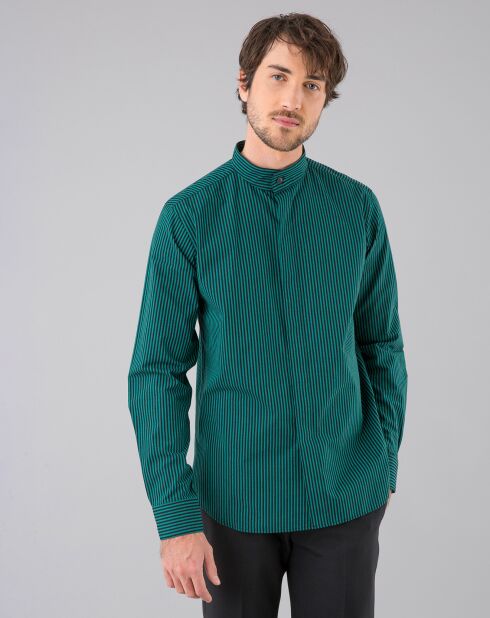 Chemise col Mao en coton à fines rayures noir/vert