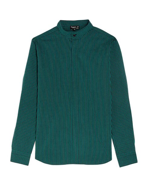 Chemise col Mao en coton à fines rayures noir/vert