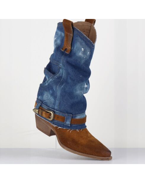 Santiags en Velours de Cuir et toile Sada bleu denim