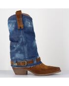 Santiags en Velours de Cuir et toile Sada bleu denim