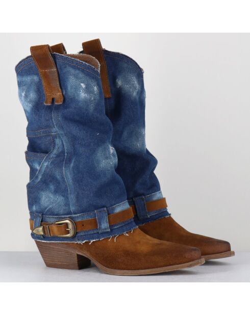 Santiags en Velours de Cuir et toile Sada bleu denim