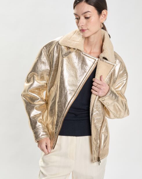 Veste en Cuir Biker'S fourrée dorée
