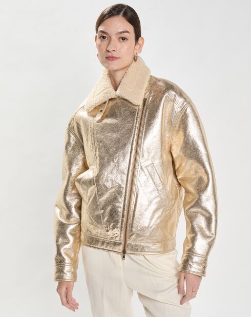 Veste en Cuir Biker'S fourrée dorée