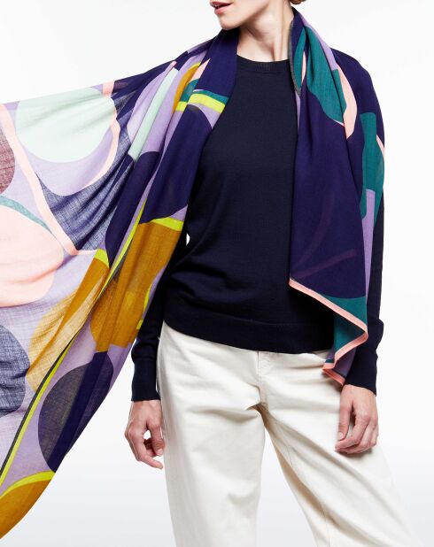 Foulard 100% Laine Onde violet/bleu marine - 100x190 cm