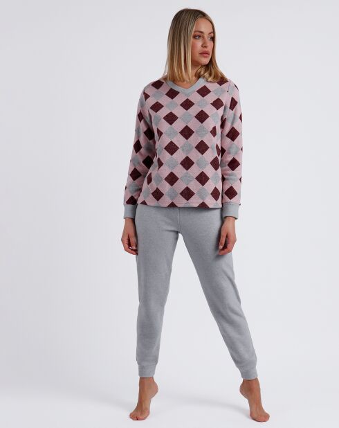 Langärmliger Pyjama und Hose in Grau/Burgunder/Rosa