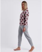 Langärmliger Pyjama und Hose in Grau/Burgunder/Rosa