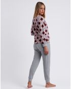 Langärmliger Pyjama und Hose in Grau/Burgunder/Rosa