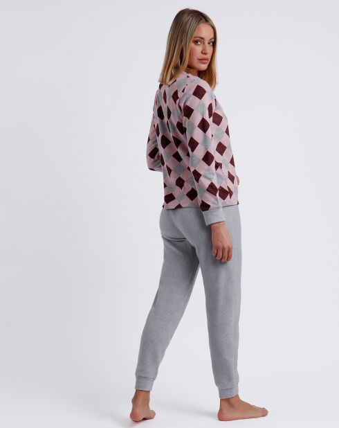 Langärmliger Pyjama und Hose in Grau/Burgunder/Rosa