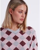 Langärmliger Pyjama und Hose in Grau/Burgunder/Rosa