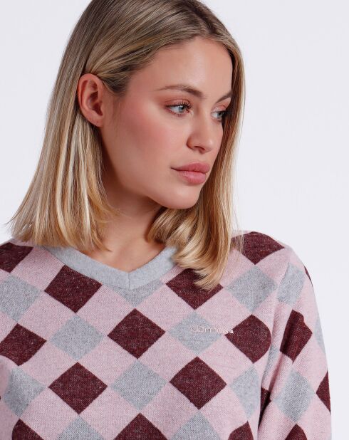 Langärmliger Pyjama und Hose in Grau/Burgunder/Rosa