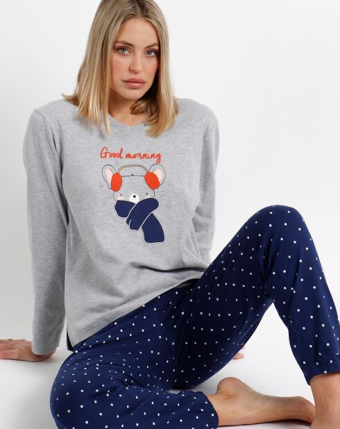 Pyjama haut à manches longues & pantalon gris/bleu marine