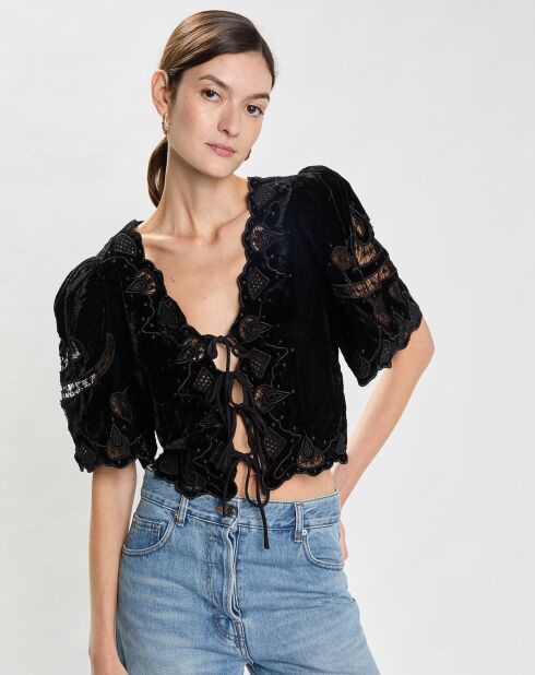 Top en Velours Eliana Embroidery S/Slv noir