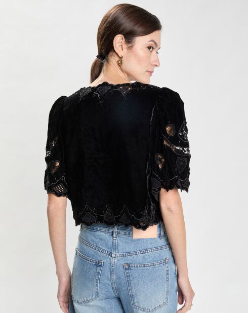 Top en Velours Eliana Embroidery S/Slv noir
