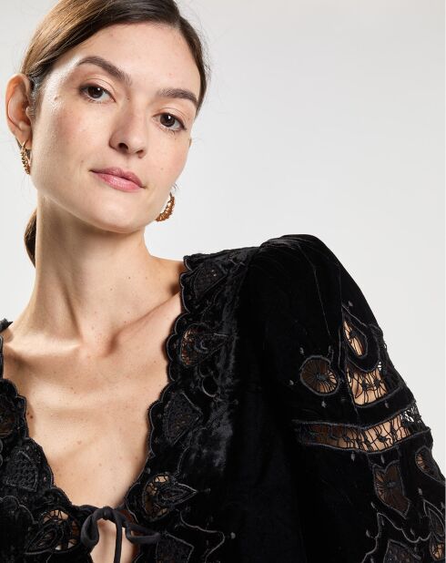 Top en Velours Eliana Embroidery S/Slv noir