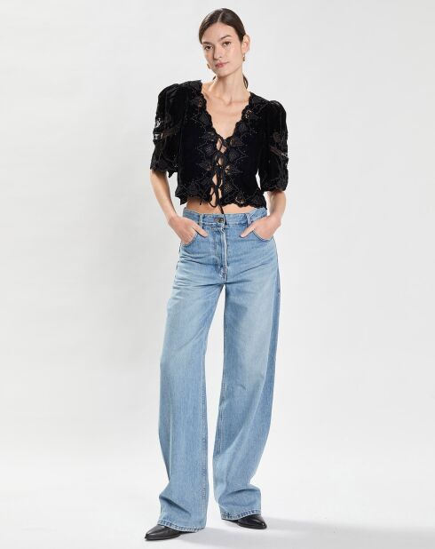 Top en Velours Eliana Embroidery S/Slv noir